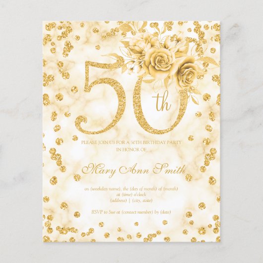Gold Floral 50th Birthday Marble Invitation Flyer (Voorkant)