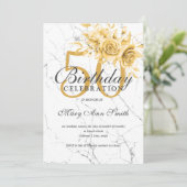 Gold Floral 50th Birthday Party Marble  Kaart (Staand voorkant)