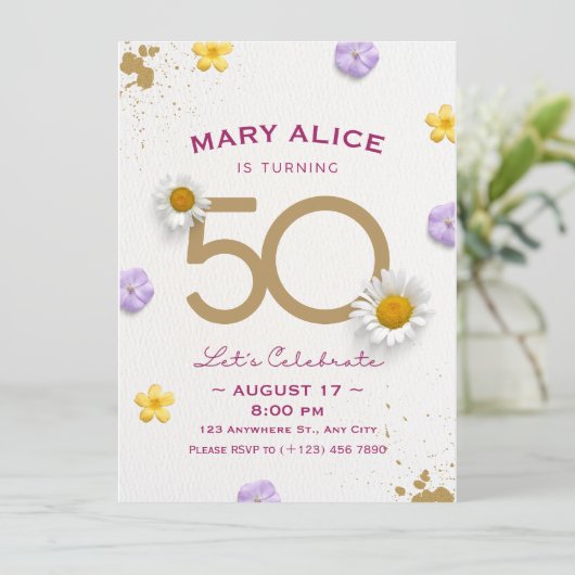 Gold floral 50th Birthday Party-uitnodiging (Staand voorkant)