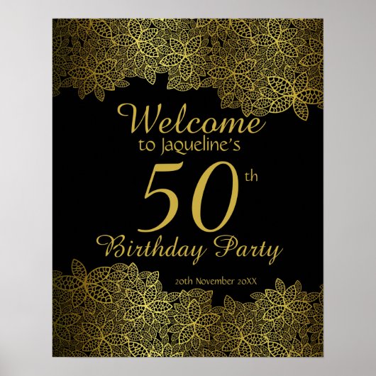 Gold Floral 50th Birthday Party Welcome Sign Poster (Voorkant)