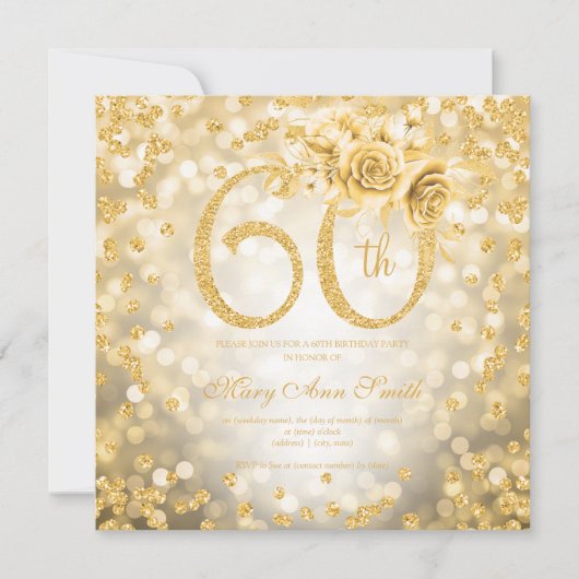 Gold Floral 60th Birthday Glam Lights (Voorkant)