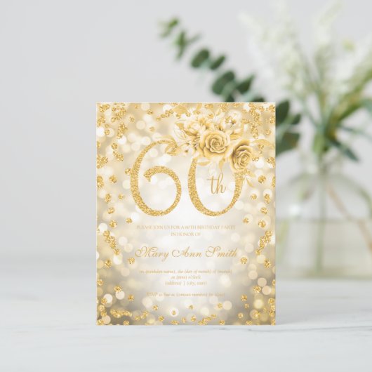 Gold Floral 60th Birthday Glam Lights (Staand voorkant)