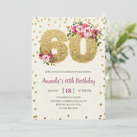 Gold Floral 60th Birthday Invitation Kaart (Staand voorkant)
