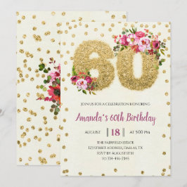 Gold Floral 60th Birthday Invitation Kaart