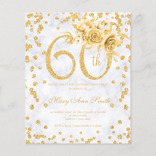 Gold Floral 60th Birthday Marble Invitation Flyer (Voorkant)