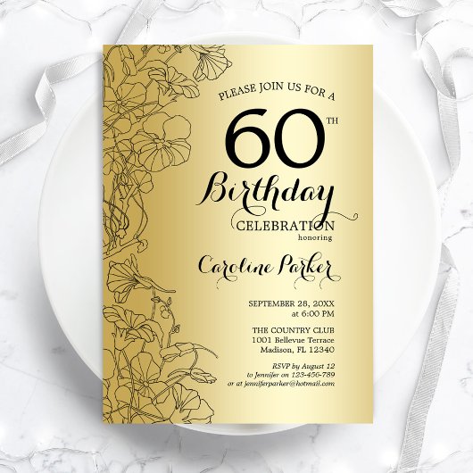 Gold Floral 60th Birthday Party Kaart