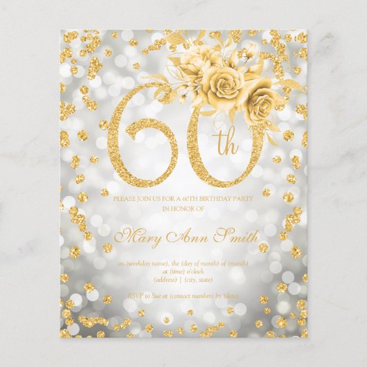 Gold Floral 60th Birthday Silver Licht Uitnodiging Flyer (Voorkant)