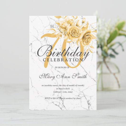 Gold Floral 70th Birthday Party Marble  Kaart (Staand voorkant)