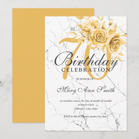 Gold Floral 70th Birthday Party Marble  Kaart (Voorkant / Achterkant)