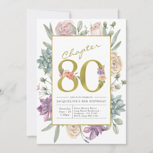 Gold Floral 80th Birthday Invitation Kaart (Voorkant)