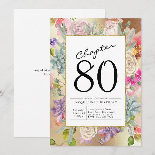 Gold Floral 80th Birthday Kaart (Voorkant / Achterkant)
