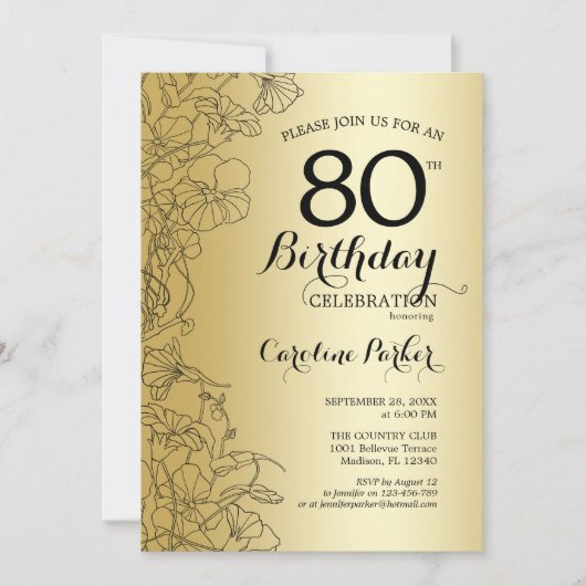 Gold Floral 80th Birthday Party Kaart (Voorkant)