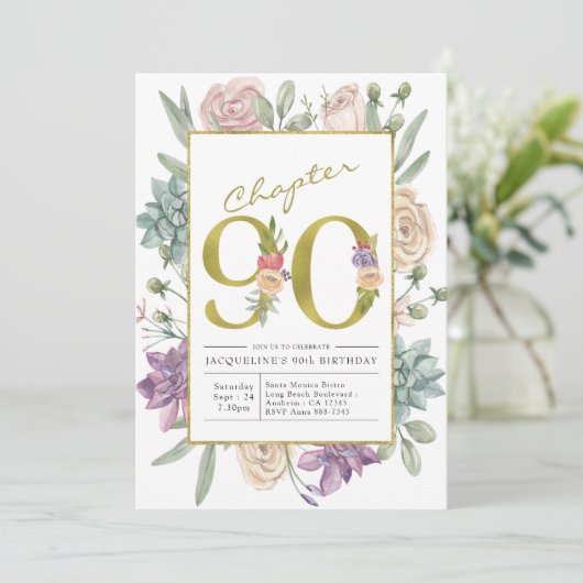 Gold Floral 90th Birthday Kaart (Staand voorkant)