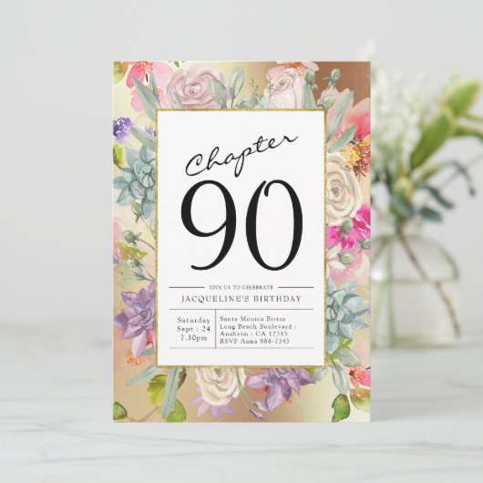 Gold Floral 90th Birthday Kaart (Staand voorkant)
