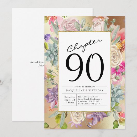 Gold Floral 90th Birthday Kaart (Voorkant / Achterkant)