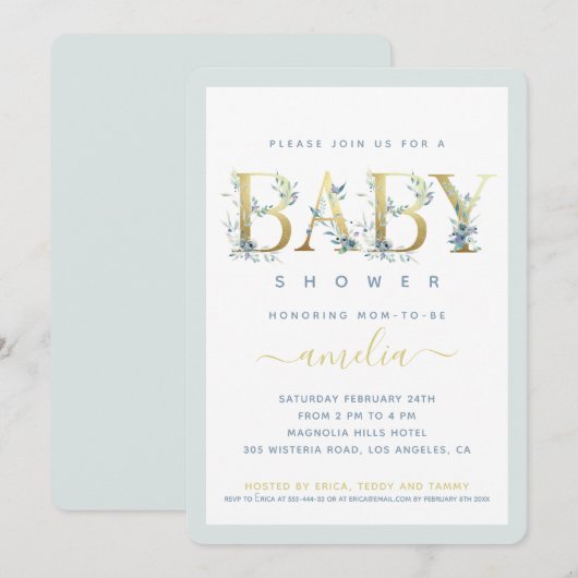Gold Floral Baby Blue Boy Shower Invite (Voorkant / Achterkant)