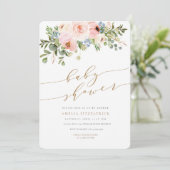 Gold Floral Baby shower Invitation Girl Kaart (Staand voorkant)