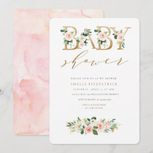 Gold Floral Baby shower Invitation Girl Kaart
