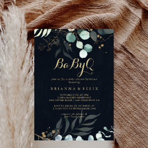 Gold Floral BabyQ Baby shower Blue Barbecue Kaart