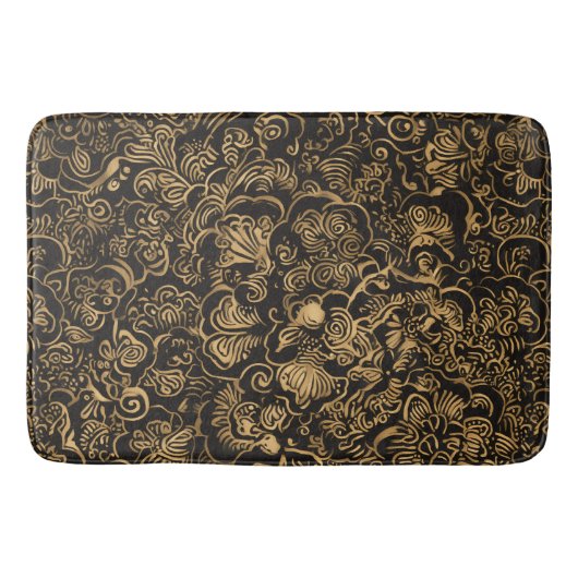 Gold Floral Baroque Pattern on Black Badmat (Voorkant)