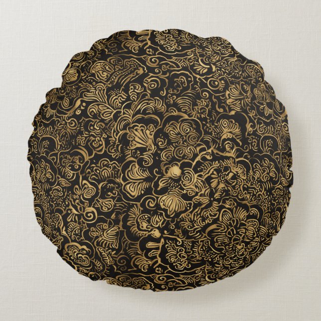 Gold Floral Baroque Pattern on Black Rond Kussen (Voorkant)