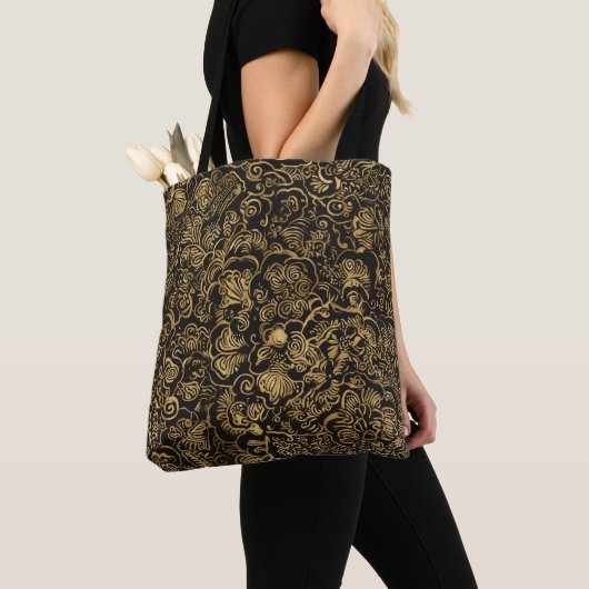 Gold Floral Baroque Pattern on Black Tote Bag (Dichtbij)
