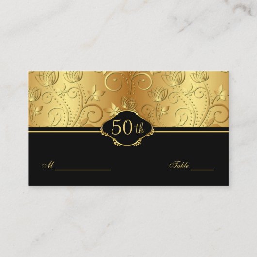Gold Floral Black 50th Wedding Reception Place Car Plaatskaartje (Voorkant)