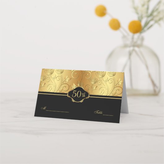 Gold Floral Black 50th Wedding Reception Place Car Plaatskaartje (Voorkant)