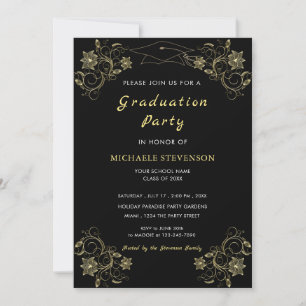 Gold Floral Black Afstuderen Invitation Sjabloon
