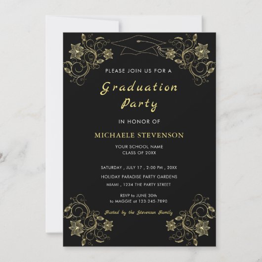 Gold Floral Black Afstuderen Invitation Sjabloon (Voorkant)