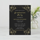 Gold Floral Black Afstuderen Invitation Sjabloon (Staand voorkant)