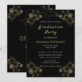 Gold Floral Black Afstuderen Invitation Sjabloon (Voorkant / Achterkant)