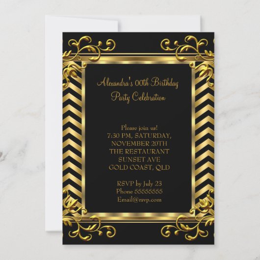 Gold Floral Black Chevron Elegant Birthday Party Kaart (Achterkant)