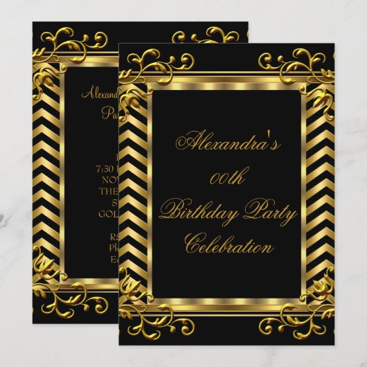 Gold Floral Black Chevron Elegant Birthday Party Kaart (Voorkant / Achterkant)