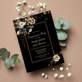 Gold Floral Black Engagement Party Kaart