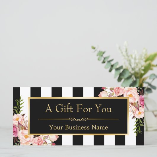 Gold Floral Black White Stripes Cadeaubon (Staand voorkant)