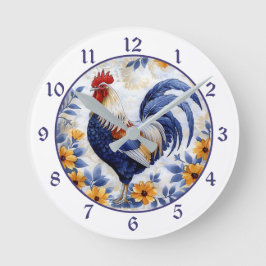 Gold Floral Blue Rooster Farmhouse Ronde Klok