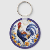 Gold Floral Blue Rooster Farmhouse Sleutelhanger (Voorkant)