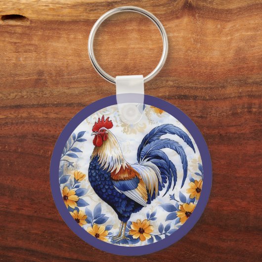 Gold Floral Blue Rooster Farmhouse Sleutelhanger (Voorkant)