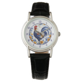 Gold Floral Blue Rooster Horloge