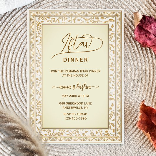 Gold Floral Border ramadan iftar invitations Kaart