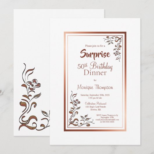 Gold Floral Border Surprise 50th Birthday Dinner Kaart (Voorkant / Achterkant)