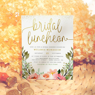 Gold Floral Bridal Luncheon Vrijgezellenfeest Uitnodiging Briefkaart