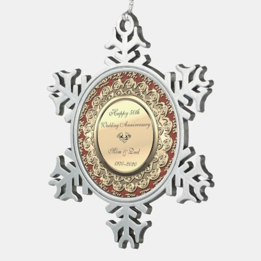 Gold Floral Burgundy 50th Wedding Jubileum Tin Sneeuwvlok Ornament (Rechts)