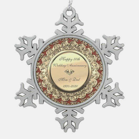 Gold Floral Burgundy 50th Wedding Jubileum Tin Sneeuwvlok Ornament (Voorkant)