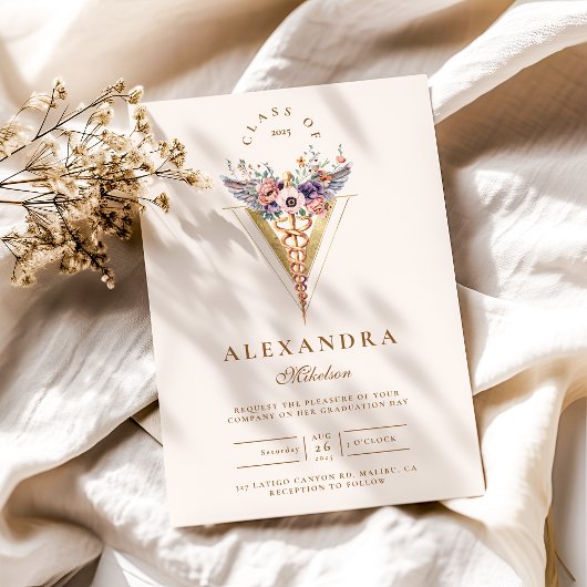 Gold Floral Caduceus Medical Vet Afstuderen Kaart