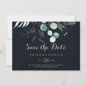 Gold Floral Calligraphy Blue Horizontal Wedding Save The Date (Voorkant)