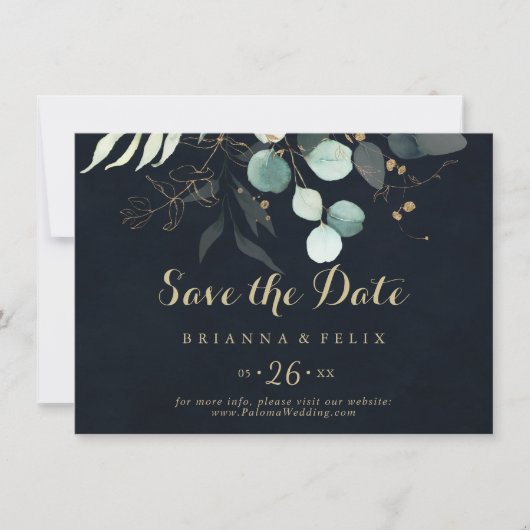 Gold Floral Calligraphy Blue Horizontal Wedding Save The Date (Voorkant)