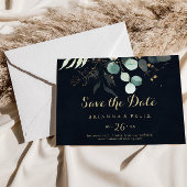 Gold Floral Calligraphy Blue Horizontal Wedding Save The Date