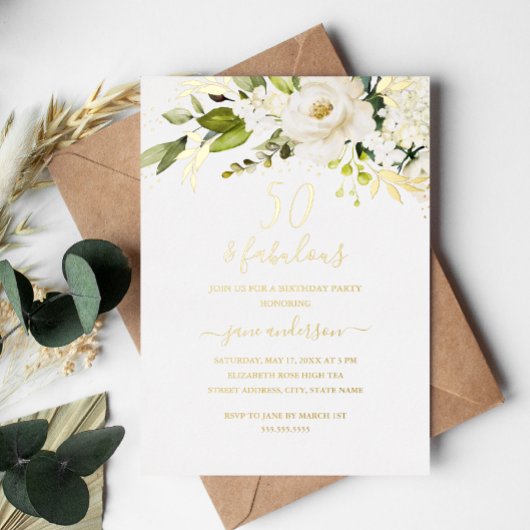 Gold Floral Champagne 50 en Fabulous Birthday Folie Uitnodiging